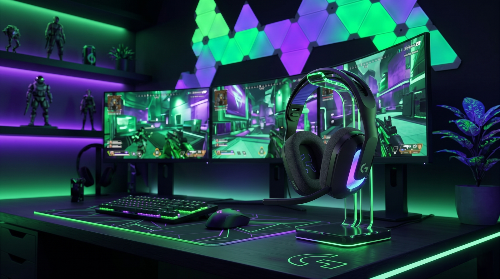 Auriculares gaming Logitech G522 Lightspeed color negro en un setup iluminado con tonos verdes y morados.