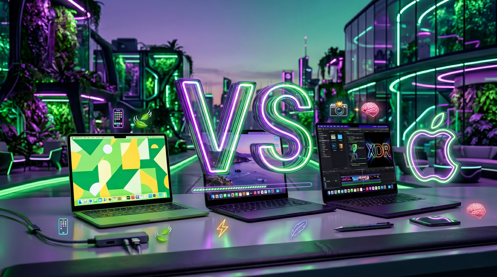 Tres ordenadores portátiles Apple en un escritorio: MacBook Neo, MacBook Air y MacBook Pro con un letrero VS iluminados con neón verde y morado. Comparativa de MacBooks en 2026.