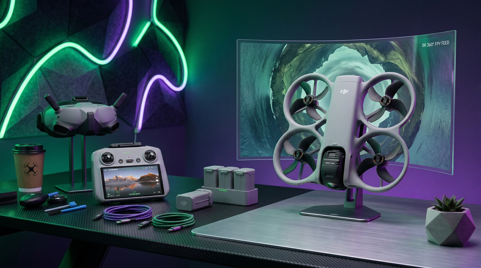 Setup de escritorio gaming iluminado con luces de neón verdes y moradas, mostrando el dron FPV DJI Avata 360, el mando a distancia RC 2 con pantalla y las gafas de vuelo.