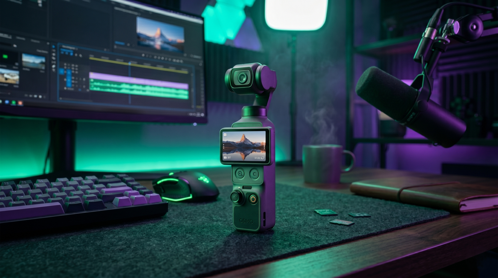 Cámara para videovlogs DJI Osmo Pocket 4 del Pack Esencial sobre un escritorio gaming con iluminación verde y morada.