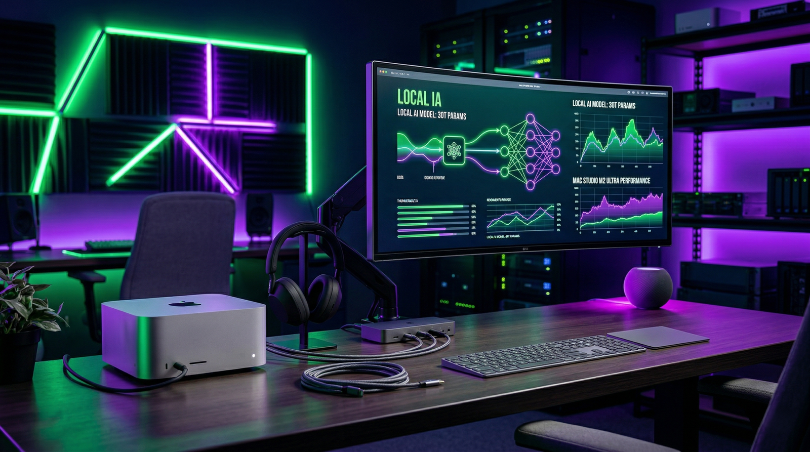 Setup de escritorio con Mac Studio ejecutando modelos de Inteligencia Artificial local aprovechando la memoria unificada de Apple Silicon.