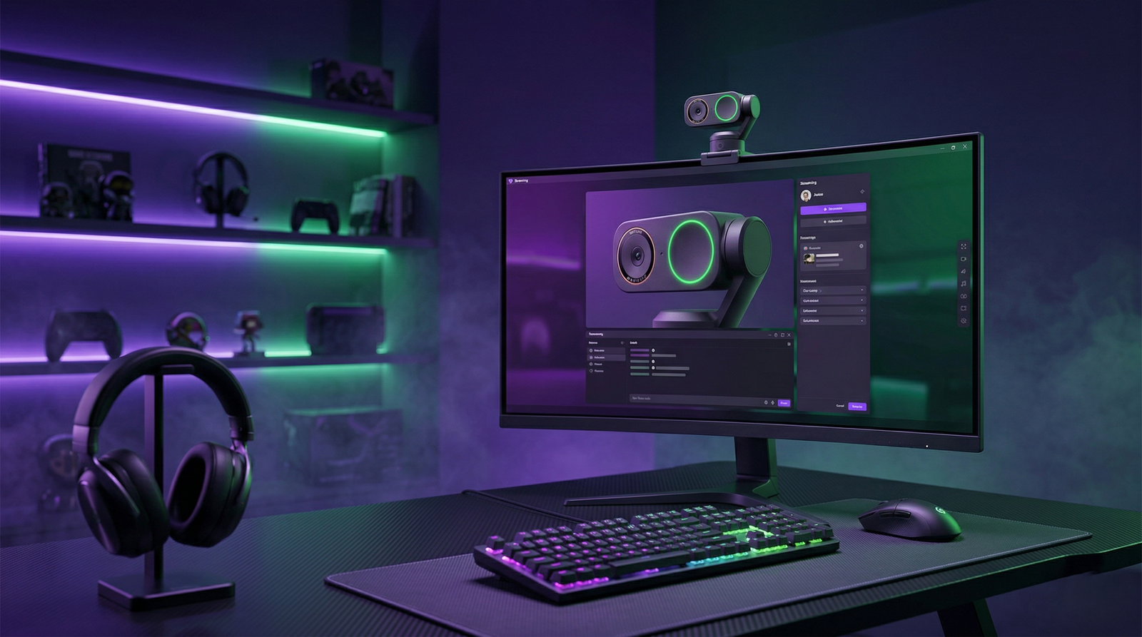 La webcam Insta360 Link 2 Pro montada sobre un monitor curvo en un setup de streaming profesional con iluminación RGB morada y verde, teclado mecánico y auriculares en primer plano.