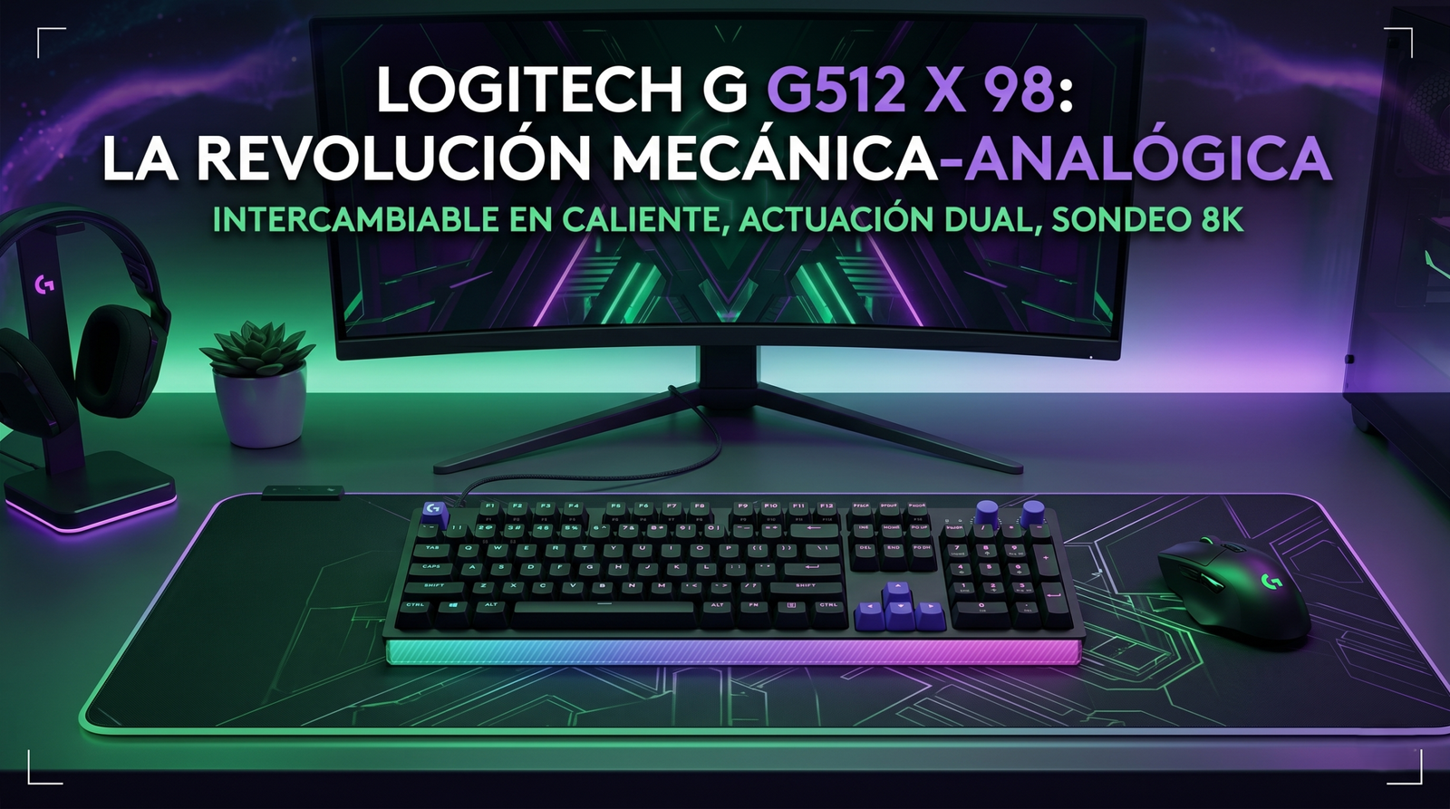 Teclado gaming Logitech G G512 X 98 iluminado en tonos verdes y morados sobre un escritorio, mostrando su formato de 98 teclas y switches hot-swap.