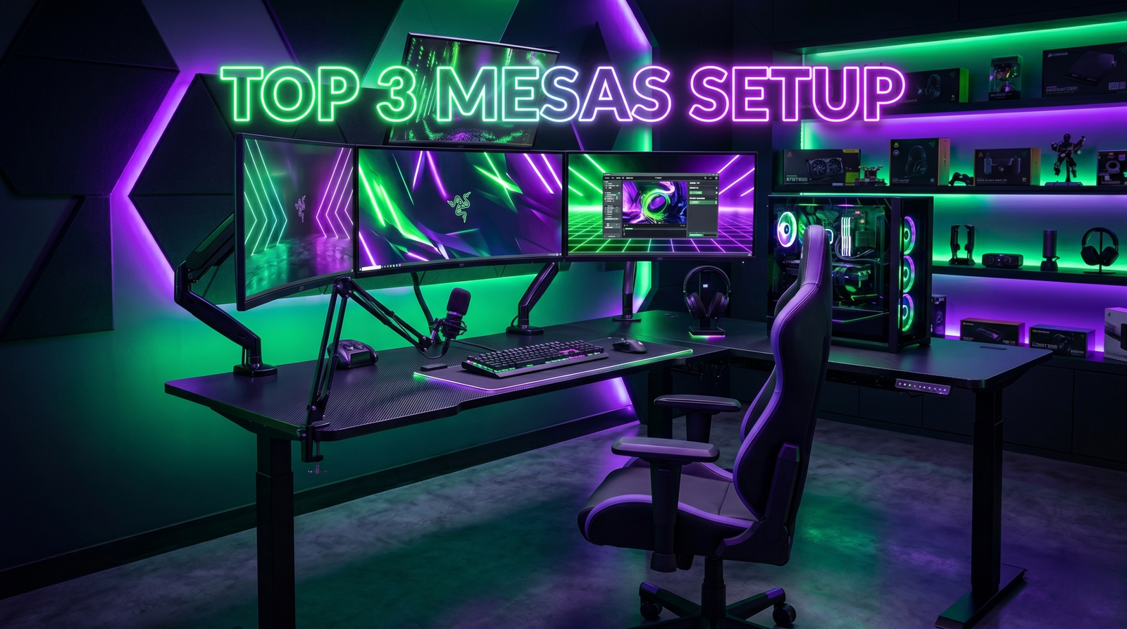 Setup gamer profesional con un escritorio elevable negro, equipado con tres monitores, PC de torre y luces LED verdes y moradas.