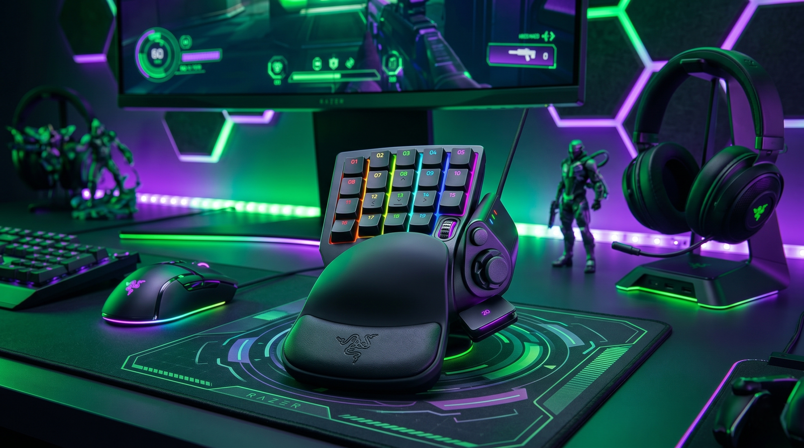 Setup gaming profesional con el teclado de una mano Razer Tartarus Pro iluminado en tonos verdes y morados sobre un escritorio optimizado.