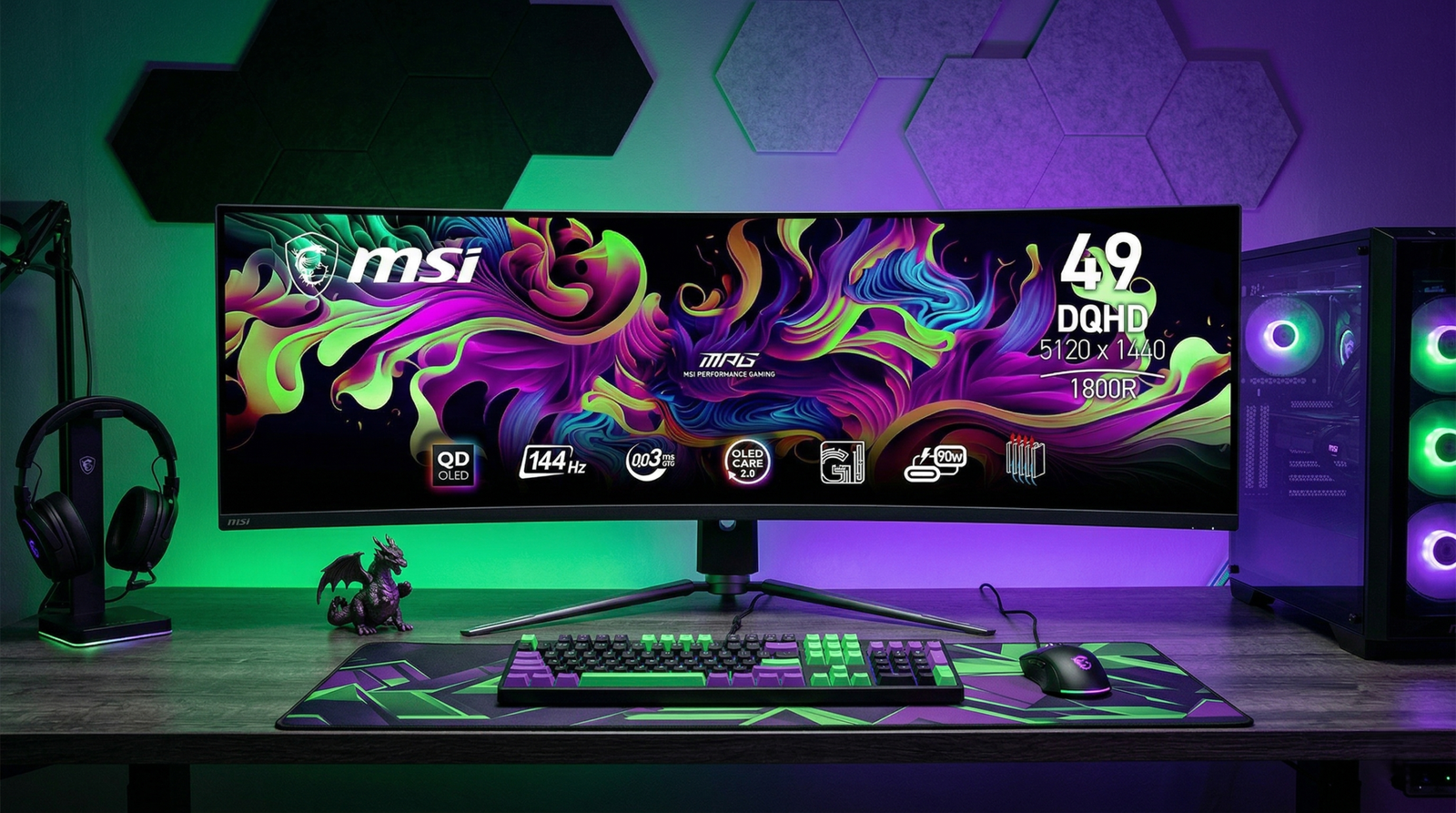Setup gaming inmersivo con el monitor curvo MSI MPG 491CQP QD-OLED de 49 pulgadas mostrando fondo de colores vibrantes morados y verdes.