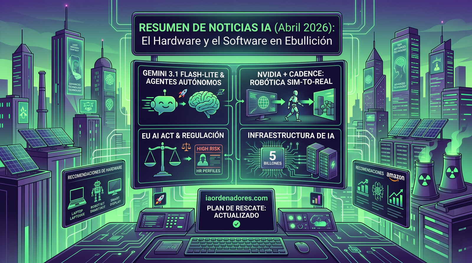 Ilustración futurista en tonos verdes y morados que resume las noticias de IA de abril de 2026, incluyendo Gemini 3.1, robótica de NVIDIA, la EU AI Act y recomendaciones de hardware en iaordenadores.com.