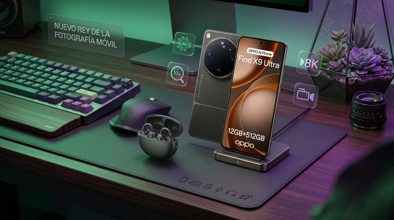 Smartphone OPPO Find X9 Ultra 5G en color Tundra Umber junto a los auriculares Enco Clip2, con infografía de especificaciones clave como cámaras Hasselblad y procesador Snapdragon 8 Elite Gen 5