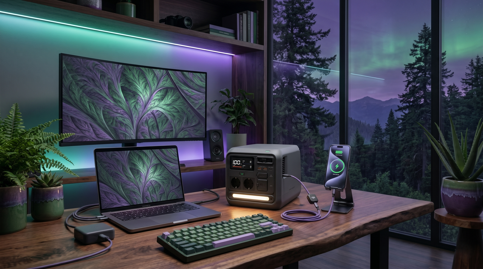 Estación de energía portátil DJI Power 1000 Mini alimentando un setup informático moderno con luces verdes y moradas, demostrando su uso como SAI para PC.