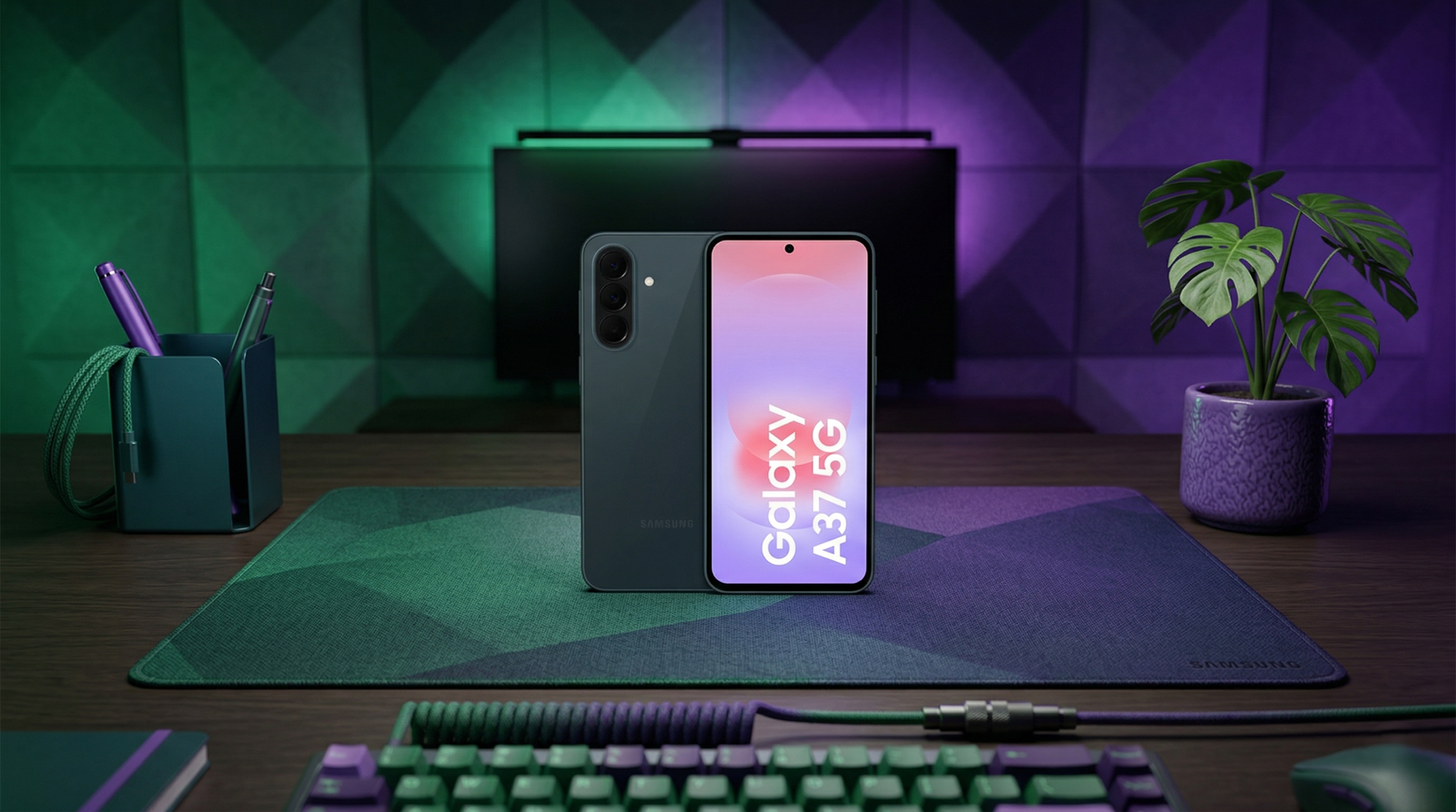Móvil Samsung Galaxy A37 5G en un setup tecnológico de escritorio con iluminación verde y morada