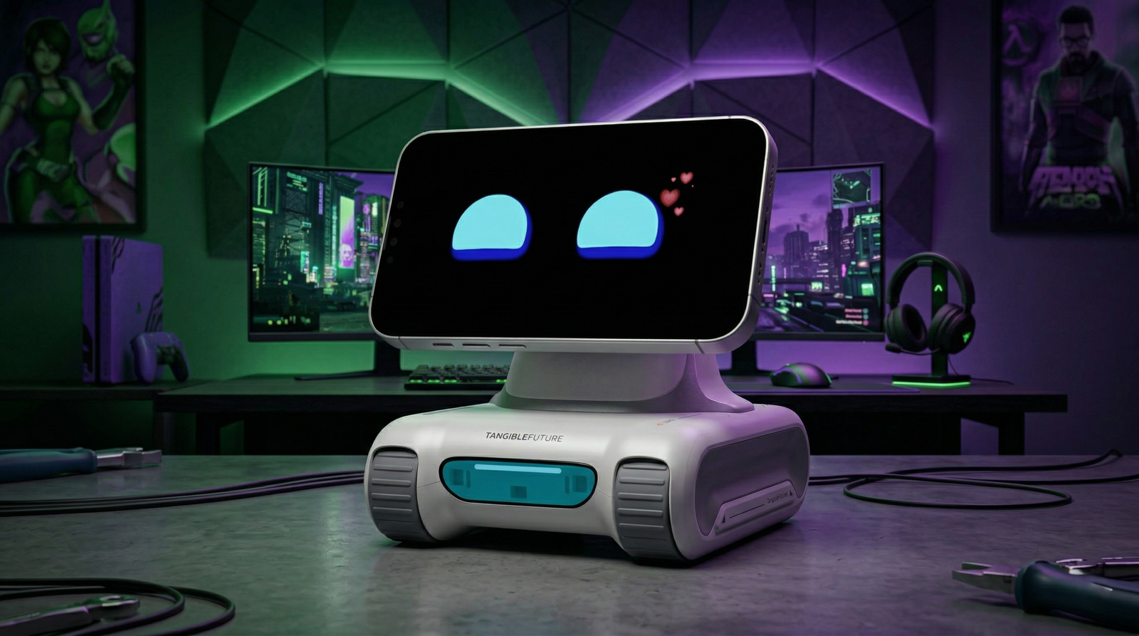 TangibleFuture LOOI Robot con ojos azules en su pantalla interactiva, integrado como compañero de IA en un setup gamer iluminado con tonos verdes y morados.