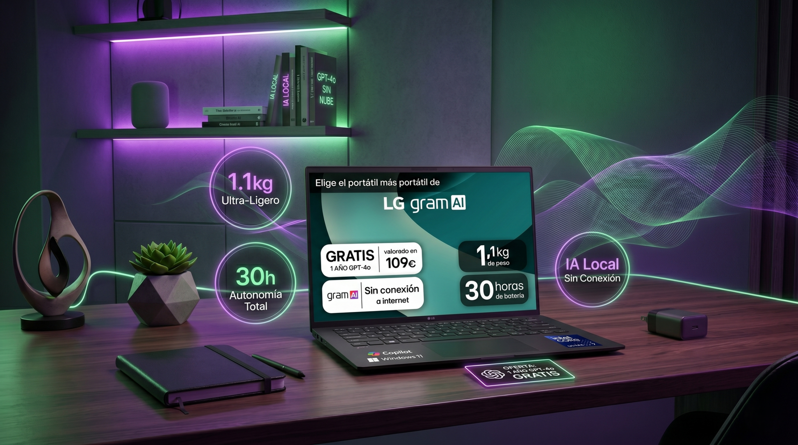 Portátil LG Gram 14Z90T abierto en un escritorio moderno con iluminación de neón verde y morada, destacando su uso para IA local.